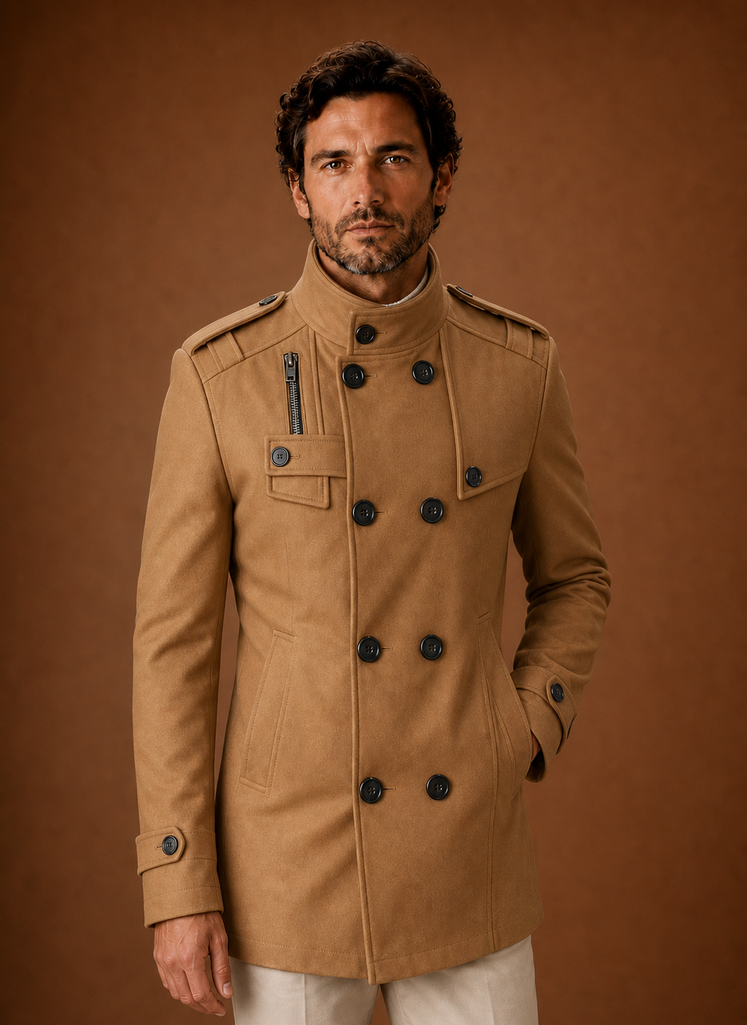 Front view of men's double-breasted overcoat on mannequin with buttoned front