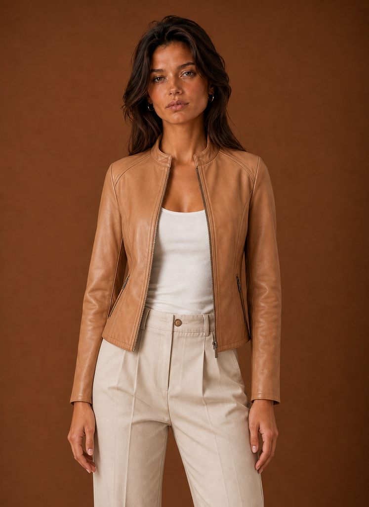 Women's Leather Jacket - Slim Fit Stand Collar Moto Jacket front view