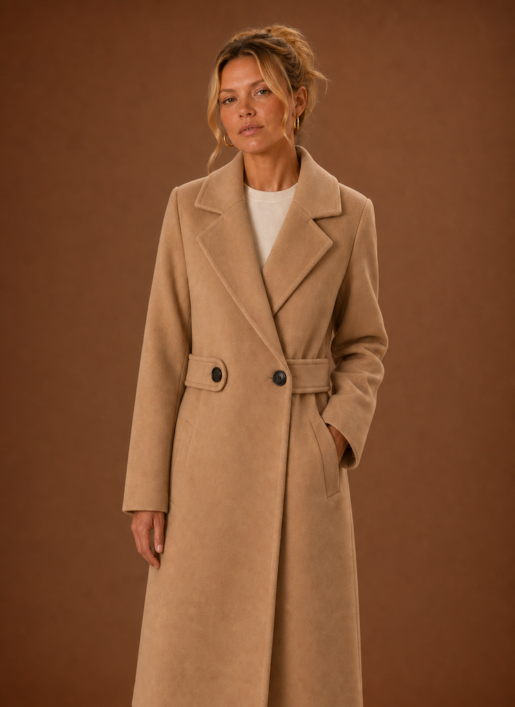 Front view of the Areleon men's mid-long trench coat on a mannequin