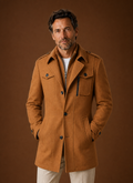 Front view of men's long coat showing single-breasted button front and tailored silhouette