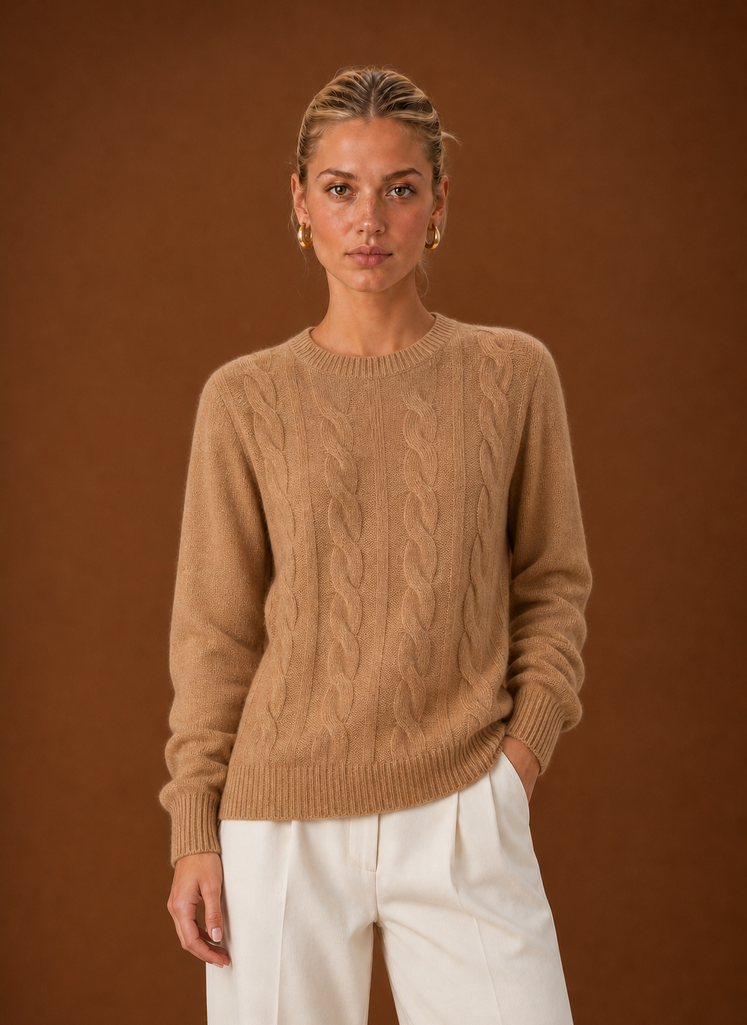 Women's Cable Knit Sweater - Crew Neck Knit Pullover front view