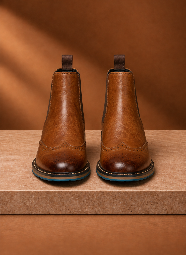 Side profile of men's Chelsea boot highlighting elastic panel and ankle silhouette
