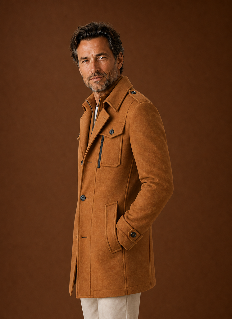 Side view of men's long coat showing longline profile and fitted sleeves