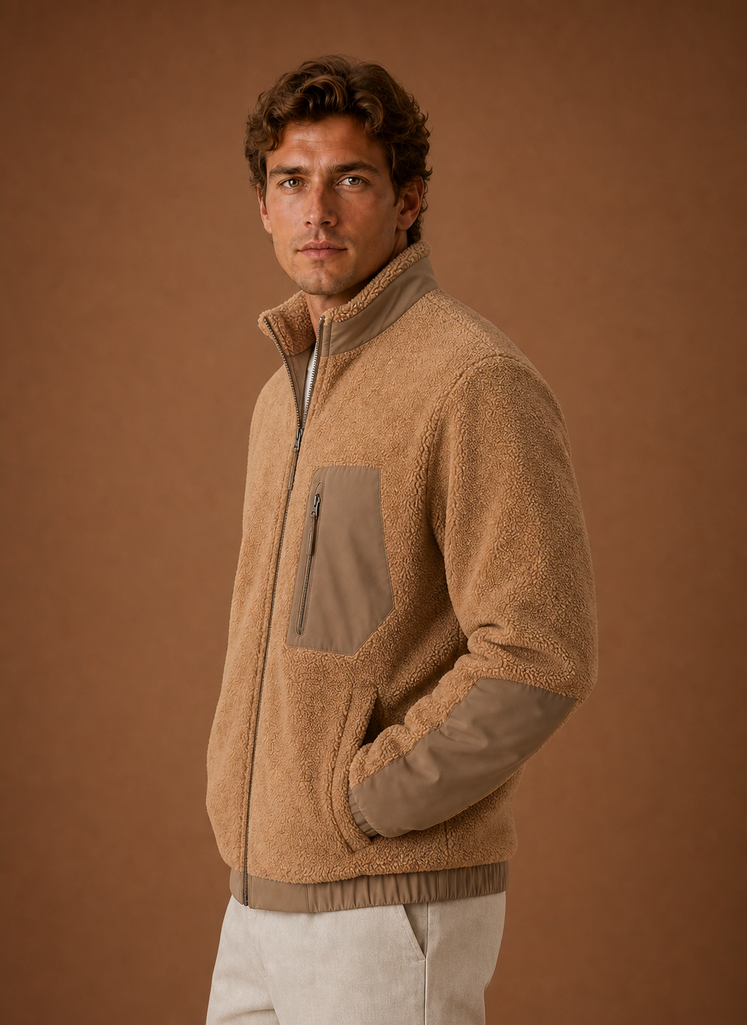 Side profile of men's sherpa jacket showing the silhouette and sleeve shape