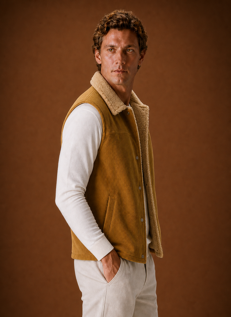 Side view of men's sherpa-lined vest highlighting the profile and arm opening