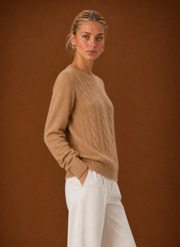 Women's Cable Knit Sweater - Crew Neck Knit Pullover side view
