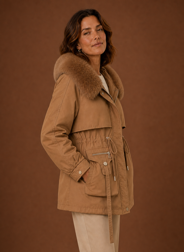 Side profile of women's hooded parka showing mid-length silhouette