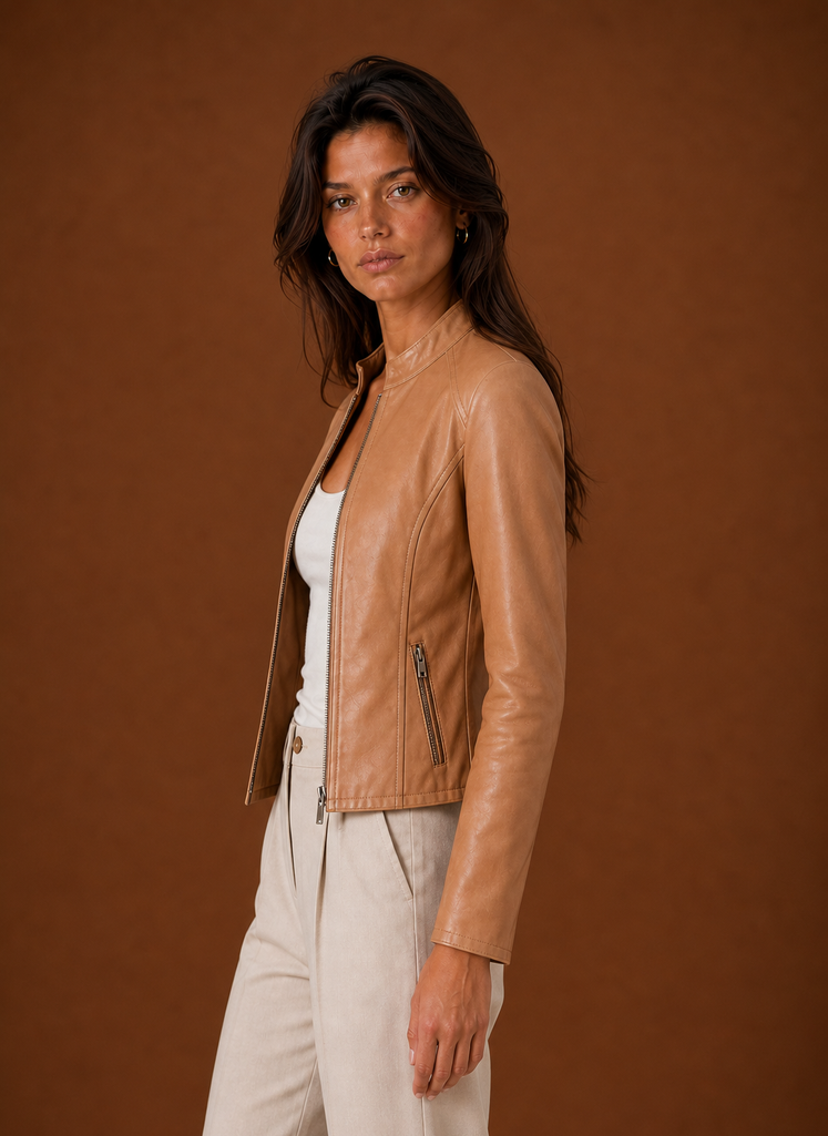 Women's Leather Jacket - Slim Fit Stand Collar Moto Jacket side view