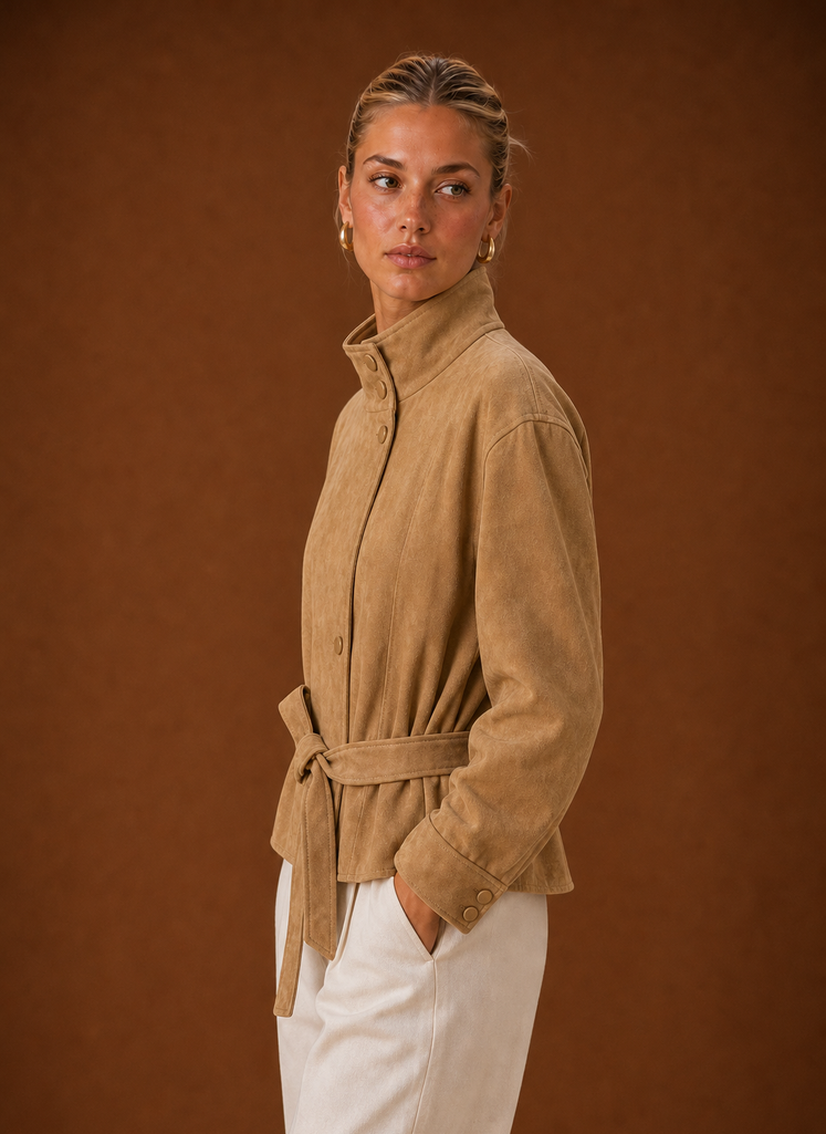 Side view of the Women's Funnel Neck Jacket highlighting the funnel neckline profile and sleeve line in camel