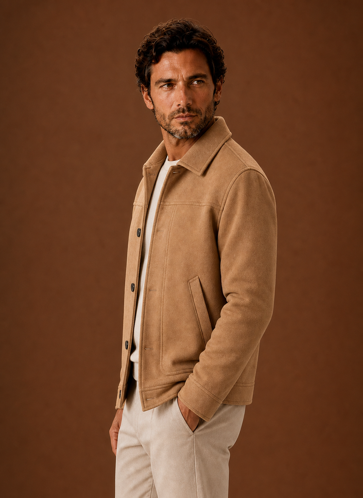 Side view of men's button-front casual jacket in Camel showing silhouette