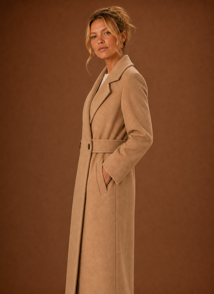 Side profile of the men's mid-long trench coat showing the silhouette