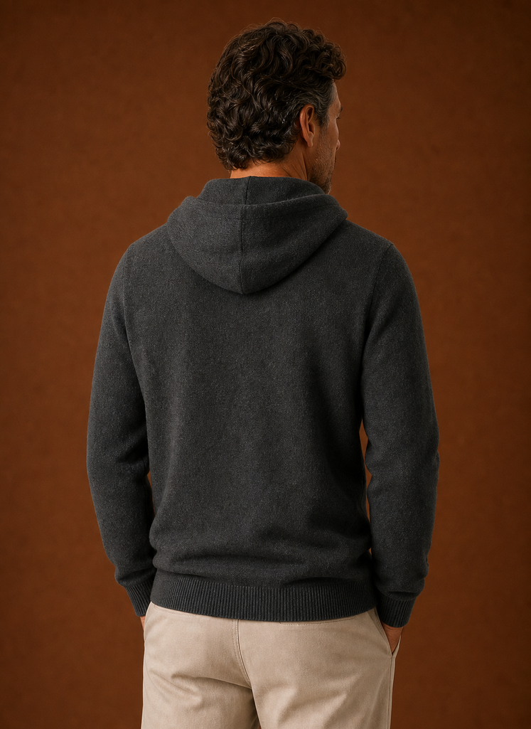 Back view of Areleon men's knitted hooded pullover with hood raised