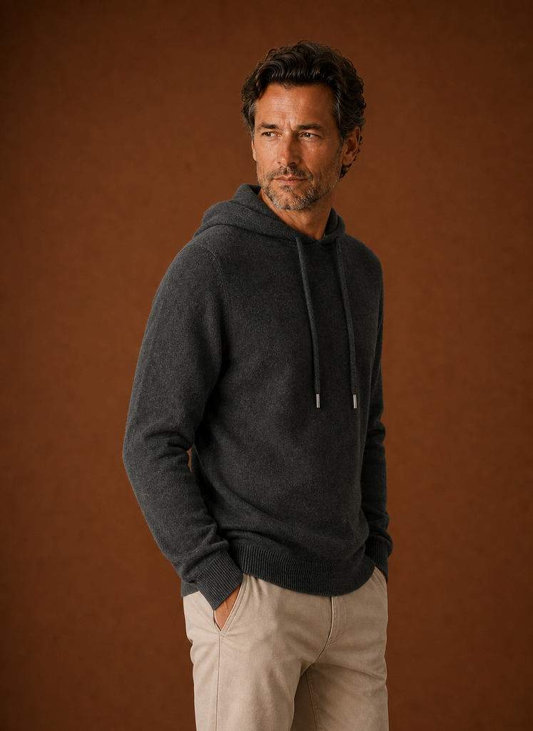 Side profile of Areleon men's hooded sweater showing the hood and sleeve