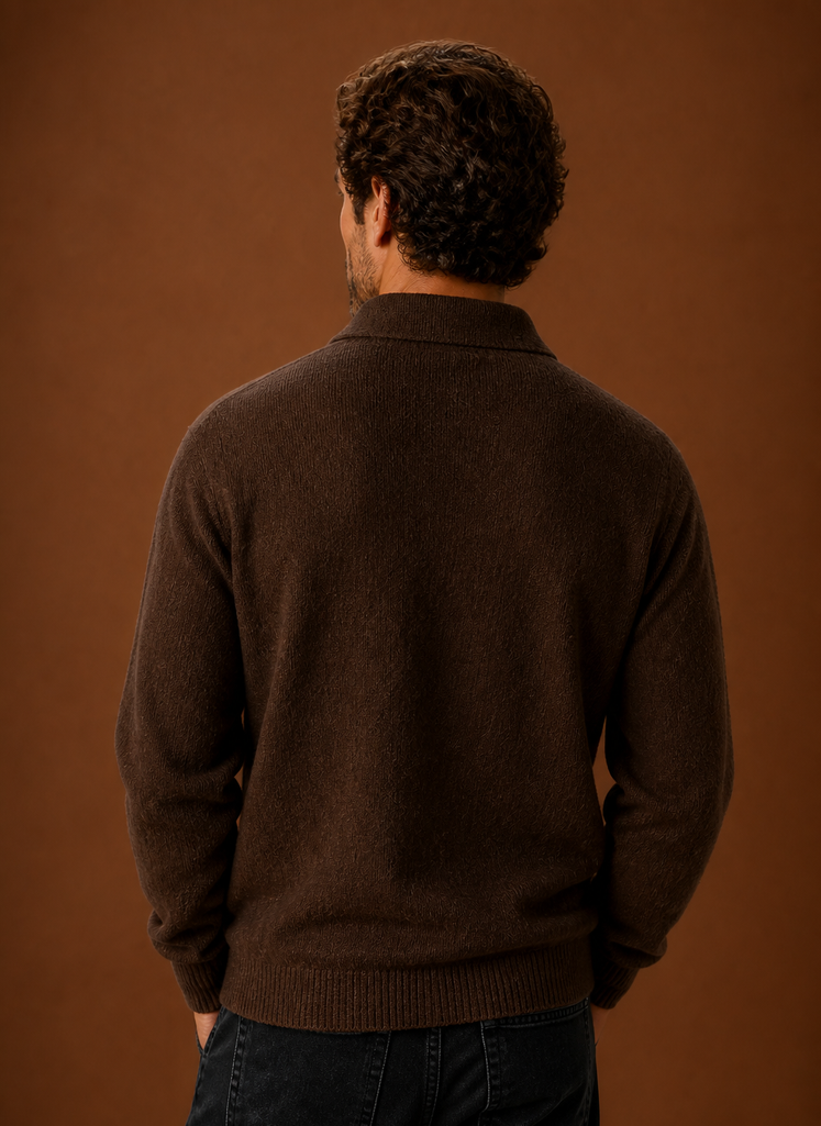Back view of the Areleon knit cardigan with clean-finished hem