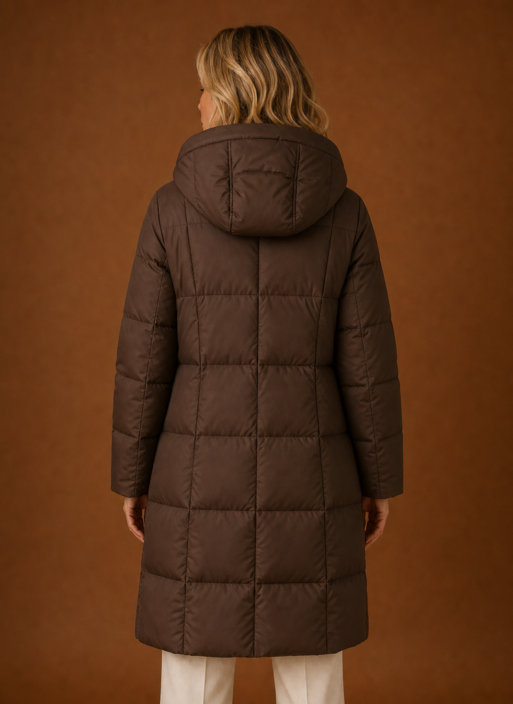 Back view of women's long hooded puffer coat highlighting quilted construction