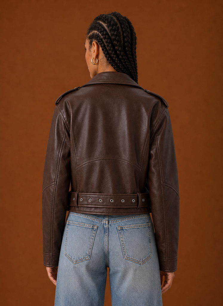 Back view of the Areleon women's moto jacket highlighting the clean lines