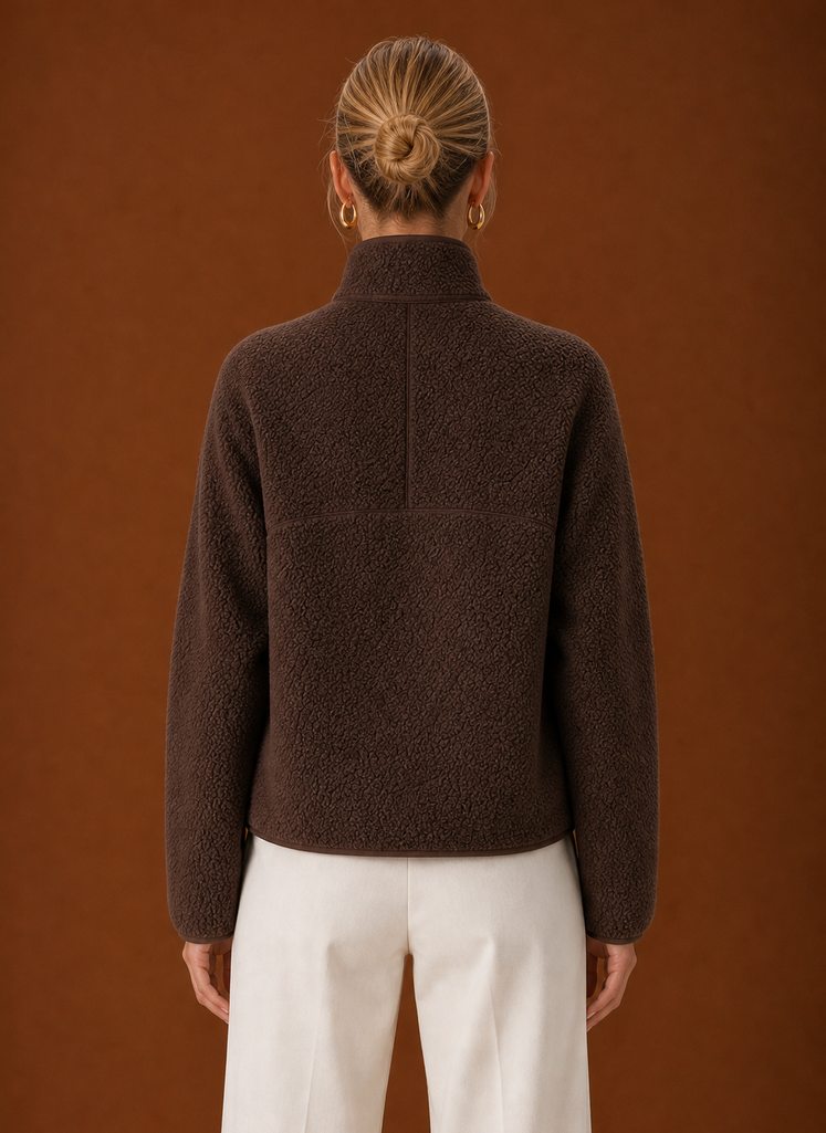 Back view of the pullover showing fit and finished hem
