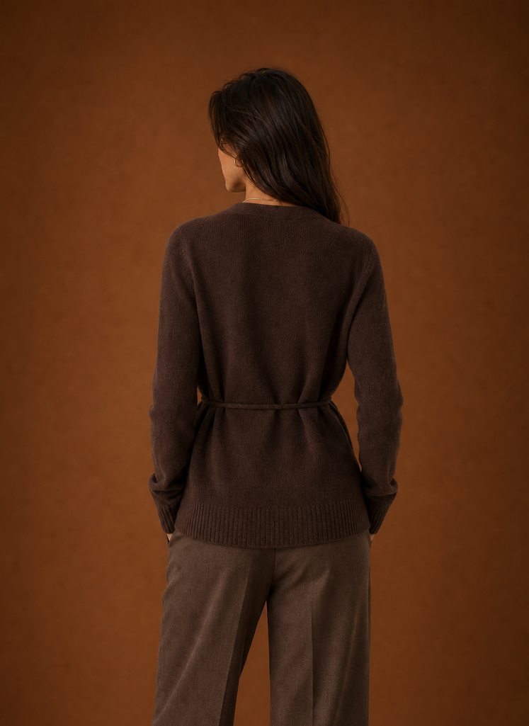 Back view of the women's wrap cardigan showing the knit back and belt detail
