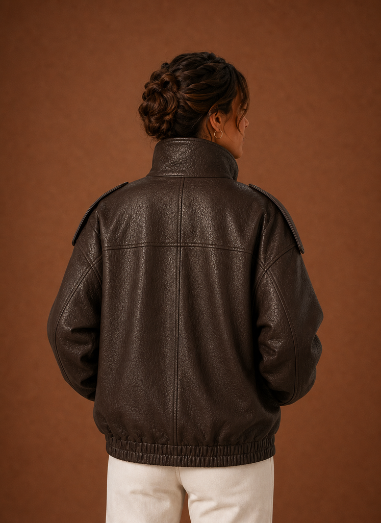 Back view of the Funnel Neck Jacket showing smooth back and hemline.