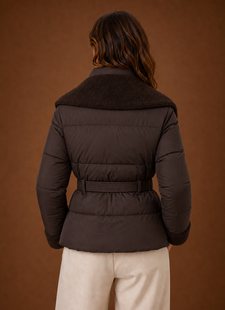 Back view of the women's puffer jacket showing rear silhouette and belt detail