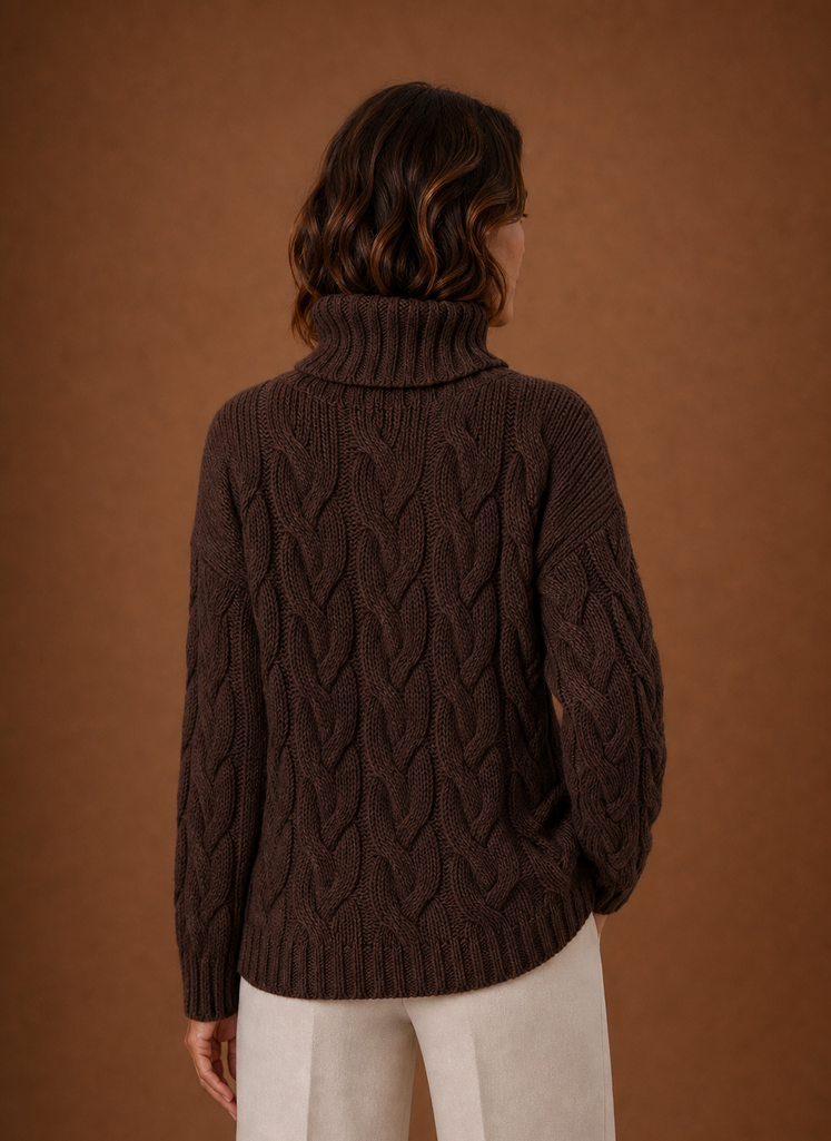 Back view of Areleon cable knit sweater highlighting overall knit texture