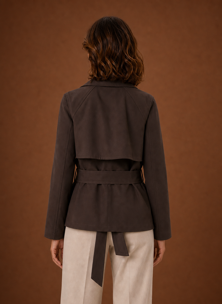 Back view of women's belted trench jacket with belt across the waist