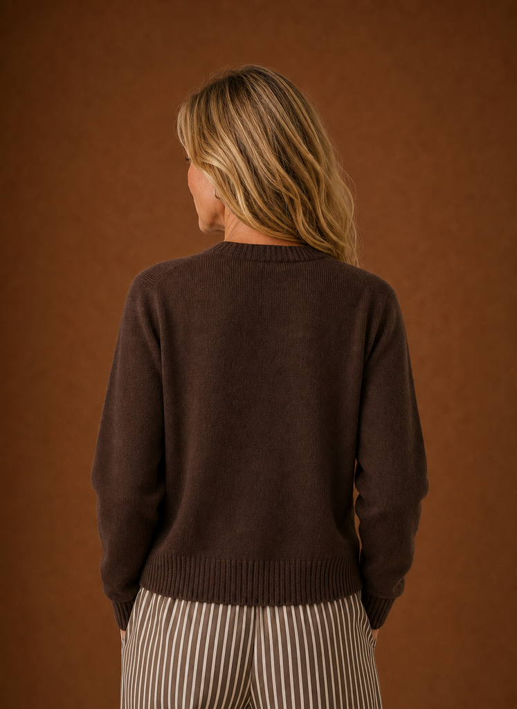 Back view of the women's crew neck cardigan showing the overall fit
