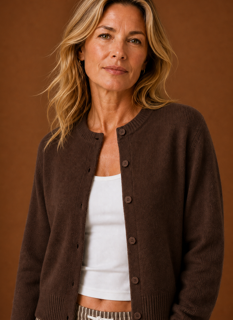 Close-up of the cardigan's button-front and knit texture