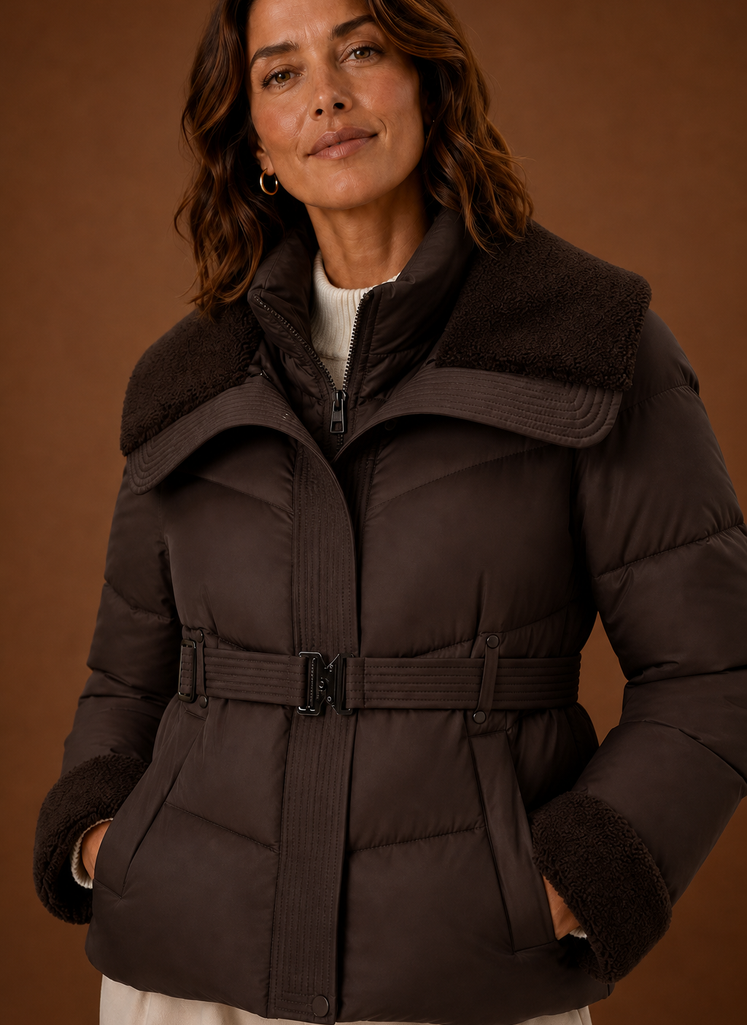 Close-up of the belt and stitching detail at the jacket's waist