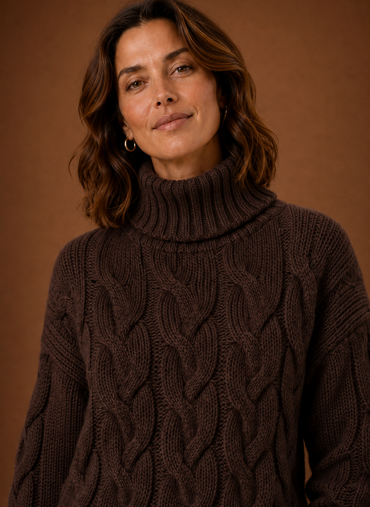 Close-up of cable knit stitch detail and texture on Areleon sweater