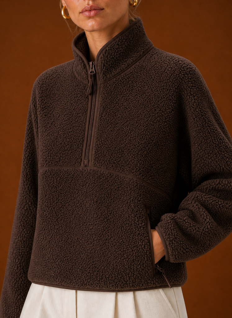 Close-up of the teddy texture and zipper pull on the quarter-zip neckline
