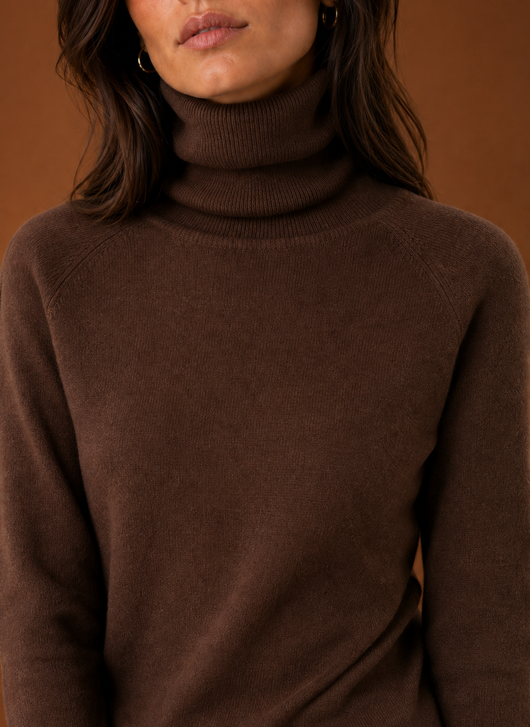 Close-up of the turtleneck collar and knit texture of the sweater