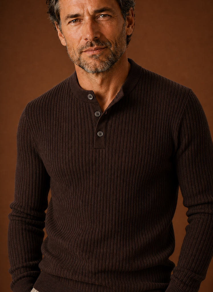 Close-up of the collar and fabric texture on the Areleon men's sweater shirt