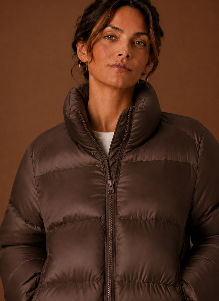Close-up of quilting and stitching detail on Areleon women's puffer jacket in chocolate brown