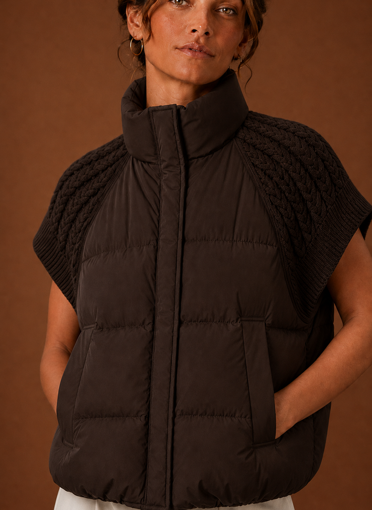 Close-up of knit shoulder panel and puffer stitching on women's vest