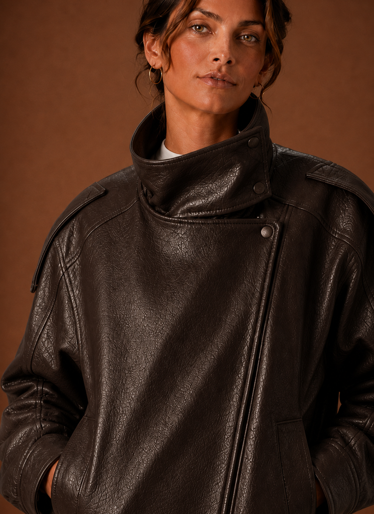 Close-up of the funnel neckline and collar seam on the jacket.
