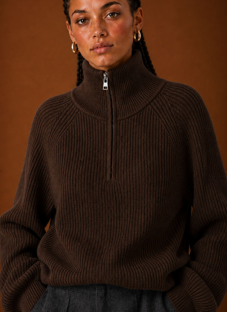 Close-up of the quarter-zip pull tab and knit texture near the neckline