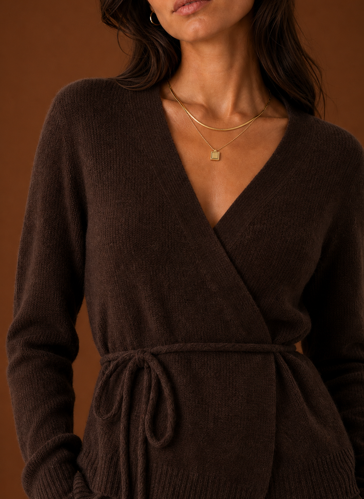 Close-up of the tie waist belt and knit texture on the women's wrap cardigan