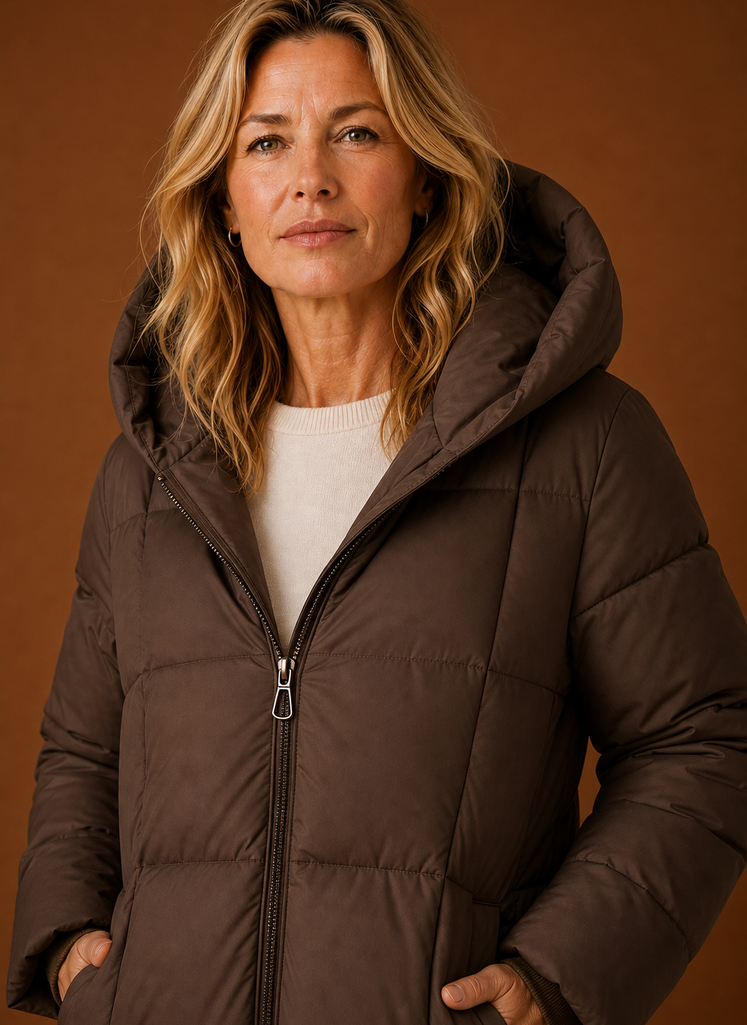 Close-up of quilting and hood detail on women's long puffer coat