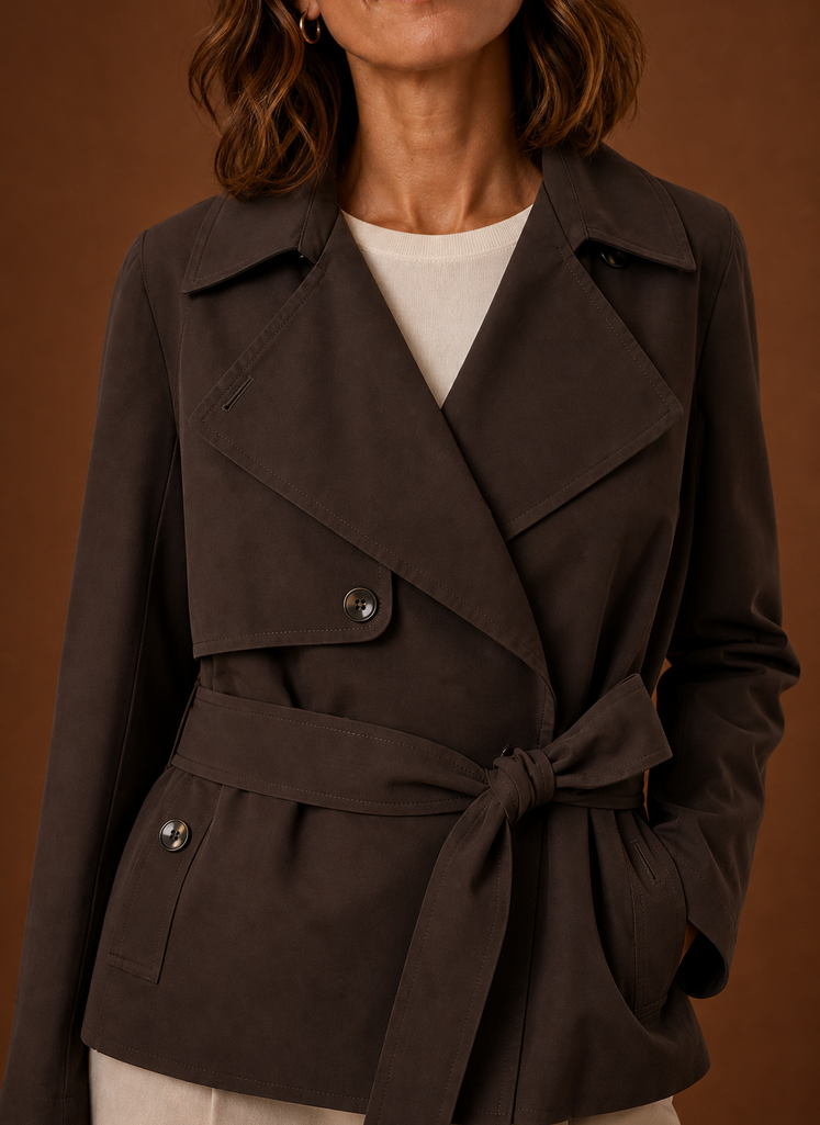 Close-up of the belt and waist area on women's belted trench jacket