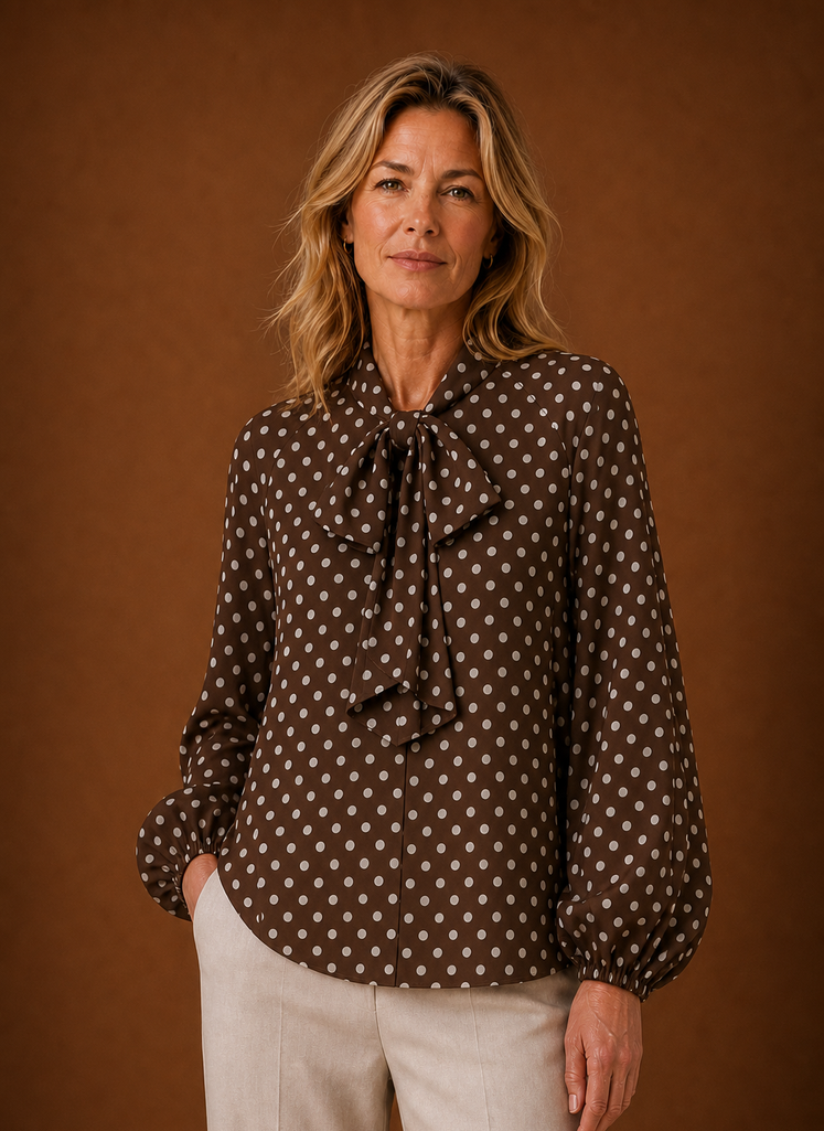 Front view of the women's polka dot blouse showing the high neckline and overall silhouette