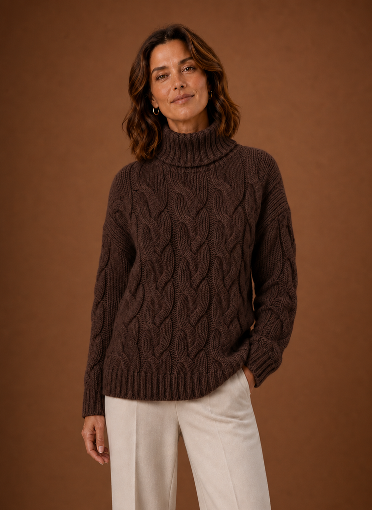 Front view of Areleon cable knit sweater showing full front cable pattern