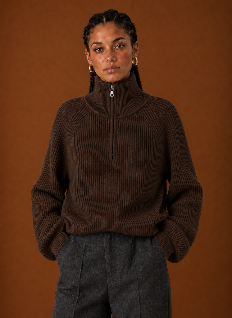 Front view of the Areleon quarter-zip knit sweater on a mannequin