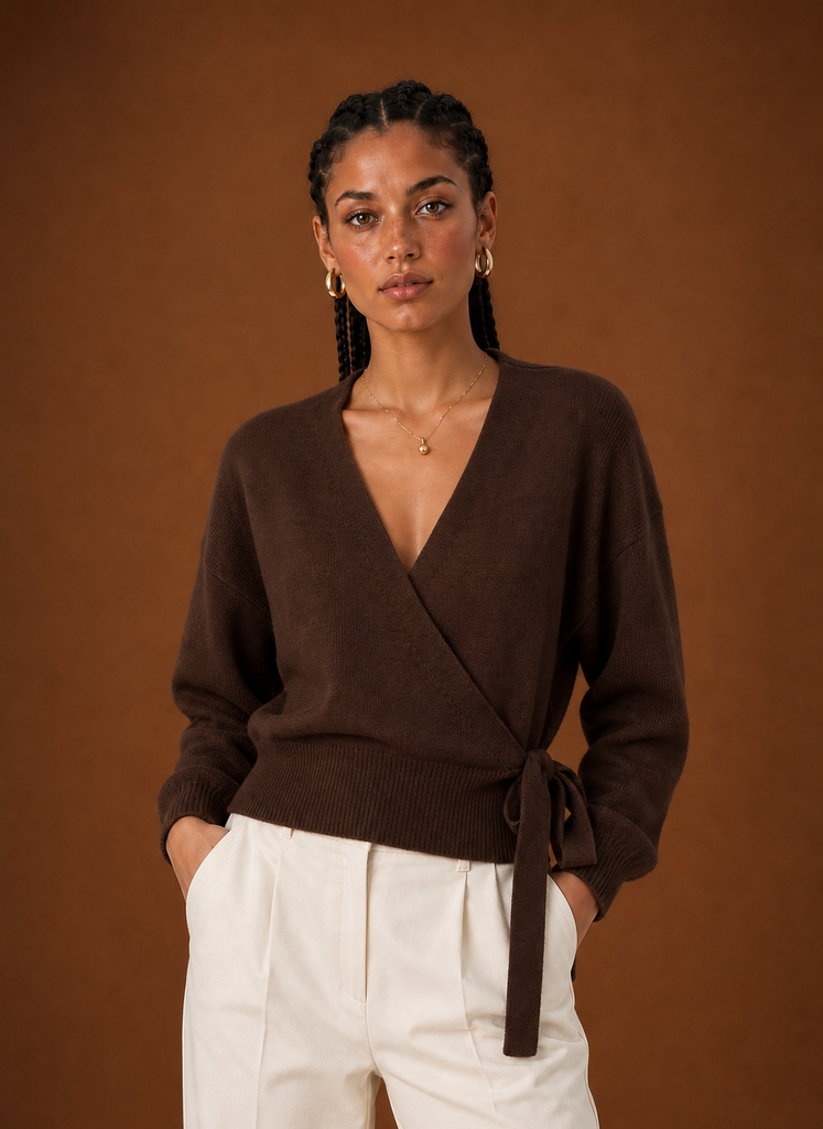 Front view of a women's cropped wrap sweater showing V-neck and tied waist