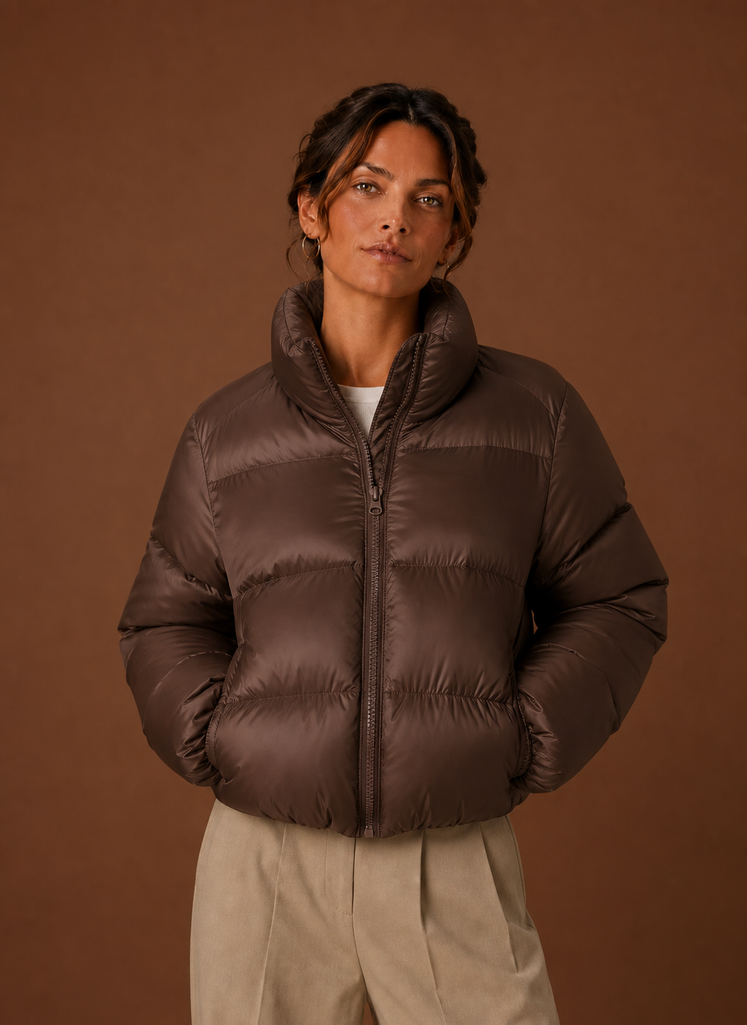 Front view of Areleon women's puffer jacket in chocolate brown on a plain background