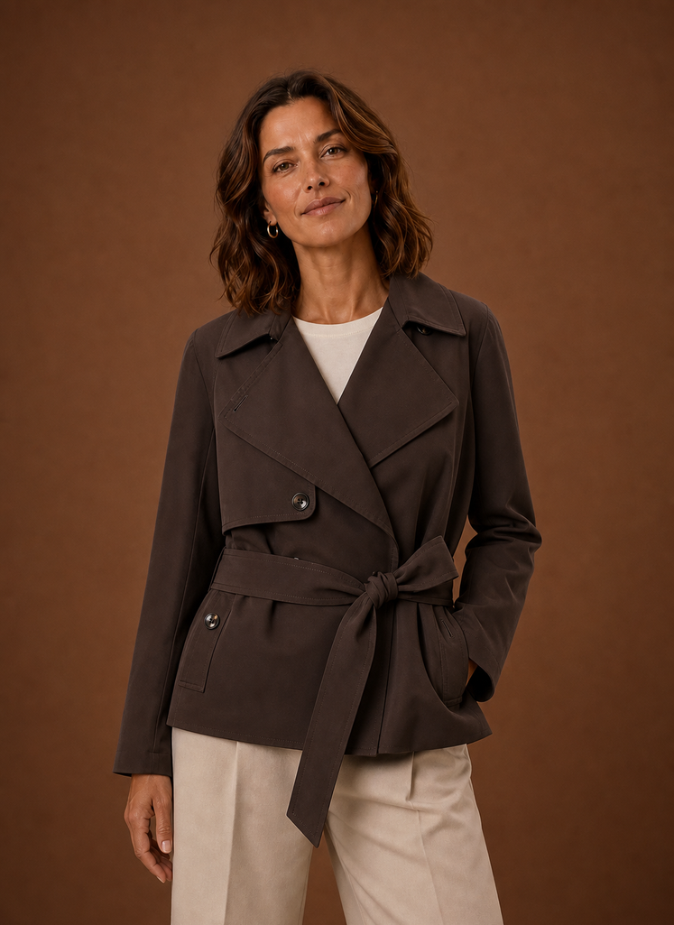Front view of women's belted trench jacket showing belted waist and streamlined silhouette
