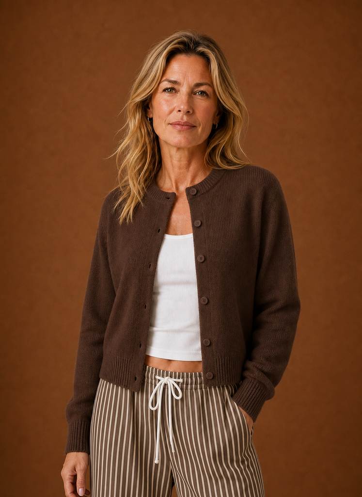 Front view of the women's crew neck button-front cardigan