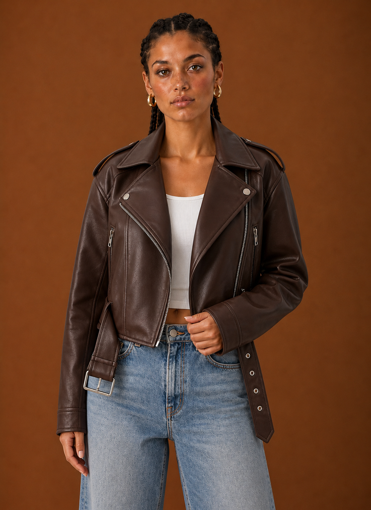 Front view of the Areleon women's moto jacket in black on a mannequin against a white background