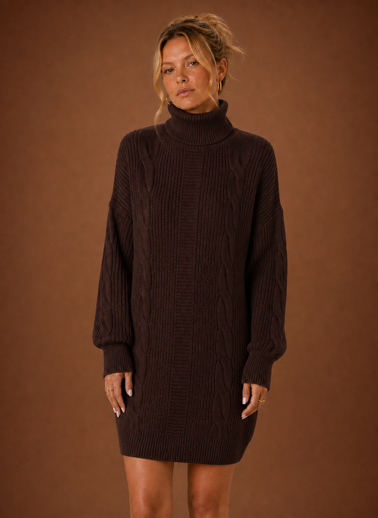Front view of women's turtleneck sweater dress showing the turtleneck neckline and overall knit silhouette
