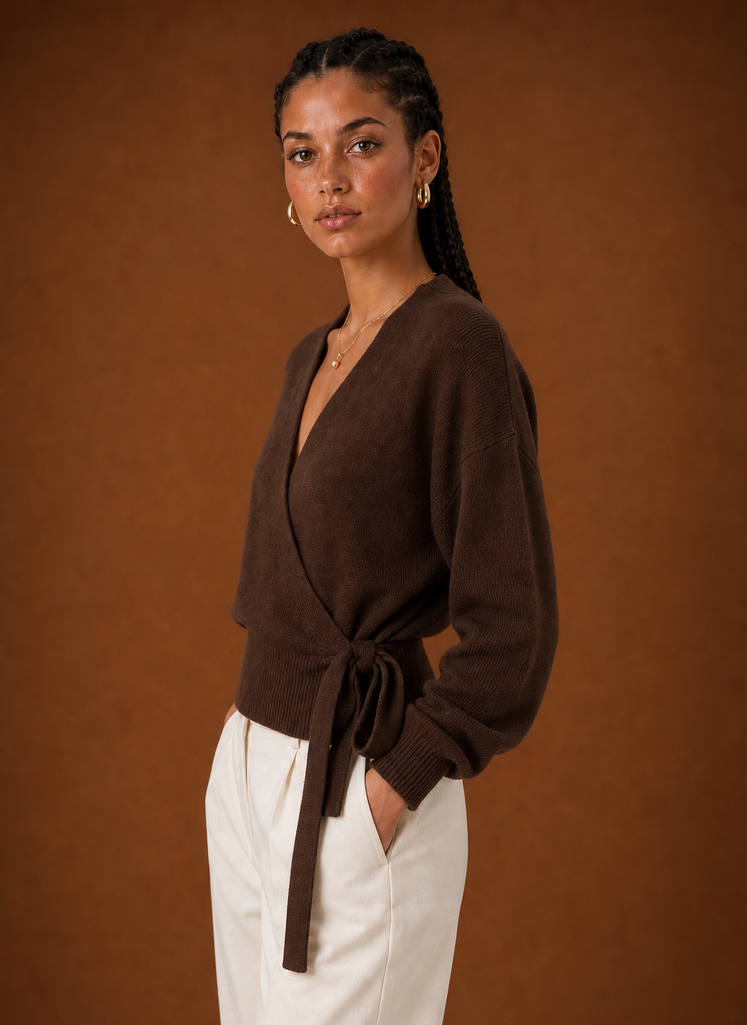 Side profile of the wrap sweater highlighting cropped length and wrap silhouette